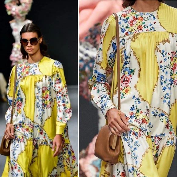 TORY BURCH Silk Quilted Yoke Yellow Floral Silk Midi Dress Size 4 - Picture 13 of 16